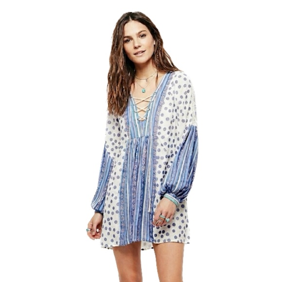 Free People Tops - FREE PEOPLE Rain Or Shine Dot Stripe Lace Up Boho Chic Mini Shift Dress Tunic L